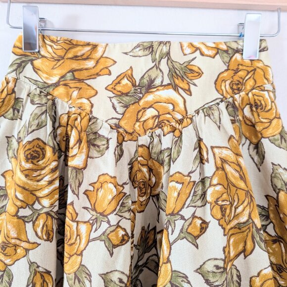Beige A-Line Basque Waist Midi Skirt with Mustard Yellow Roses - Has Pockets XS - Picture 8 of 11